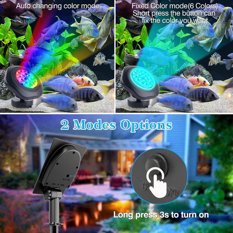 T-SUN Solar Pond Lights, IP68 Waterproof RGB LED Submersible Lights, 2-in-1 Floating & Stake Modes, Underwater Fountain Light for Garden, Pool, Fish Tank, Outdoor Pond Decoration - Image 2
